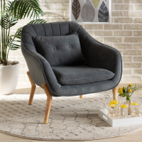 Baxton Studio 924-Velvet Grey-Chair Valentina Mid-Century Modern Transitional Grey Velvet Fabric Upholstered and Natural Wood Finished Armchaire